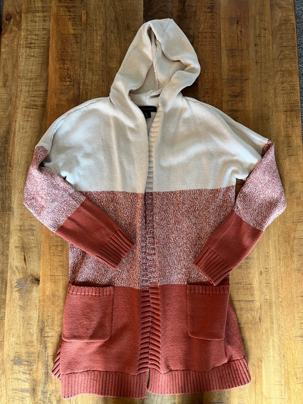 Hooded Colorblock Open Cardigan Sweater in Cream and Rust